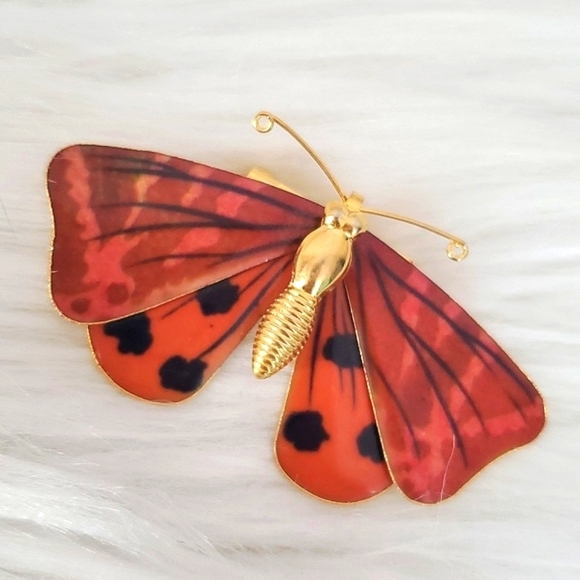 Vintage Dainty Orange Red Gold Tone Butterfly Unsigned Brooch Pin Jewelry - Picture 6 of 12